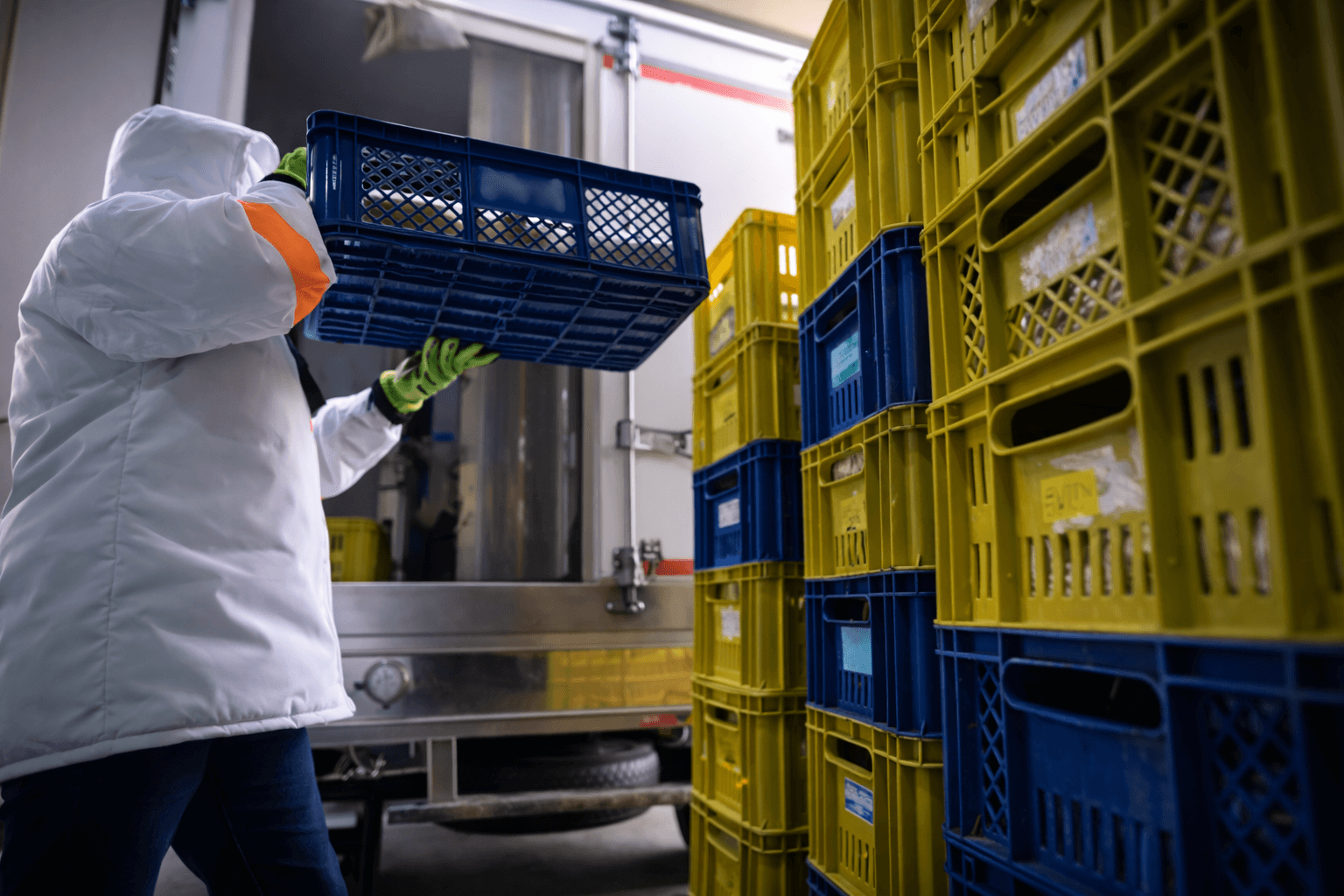 Worker loading temperature-controlled crates into refrigerated truck