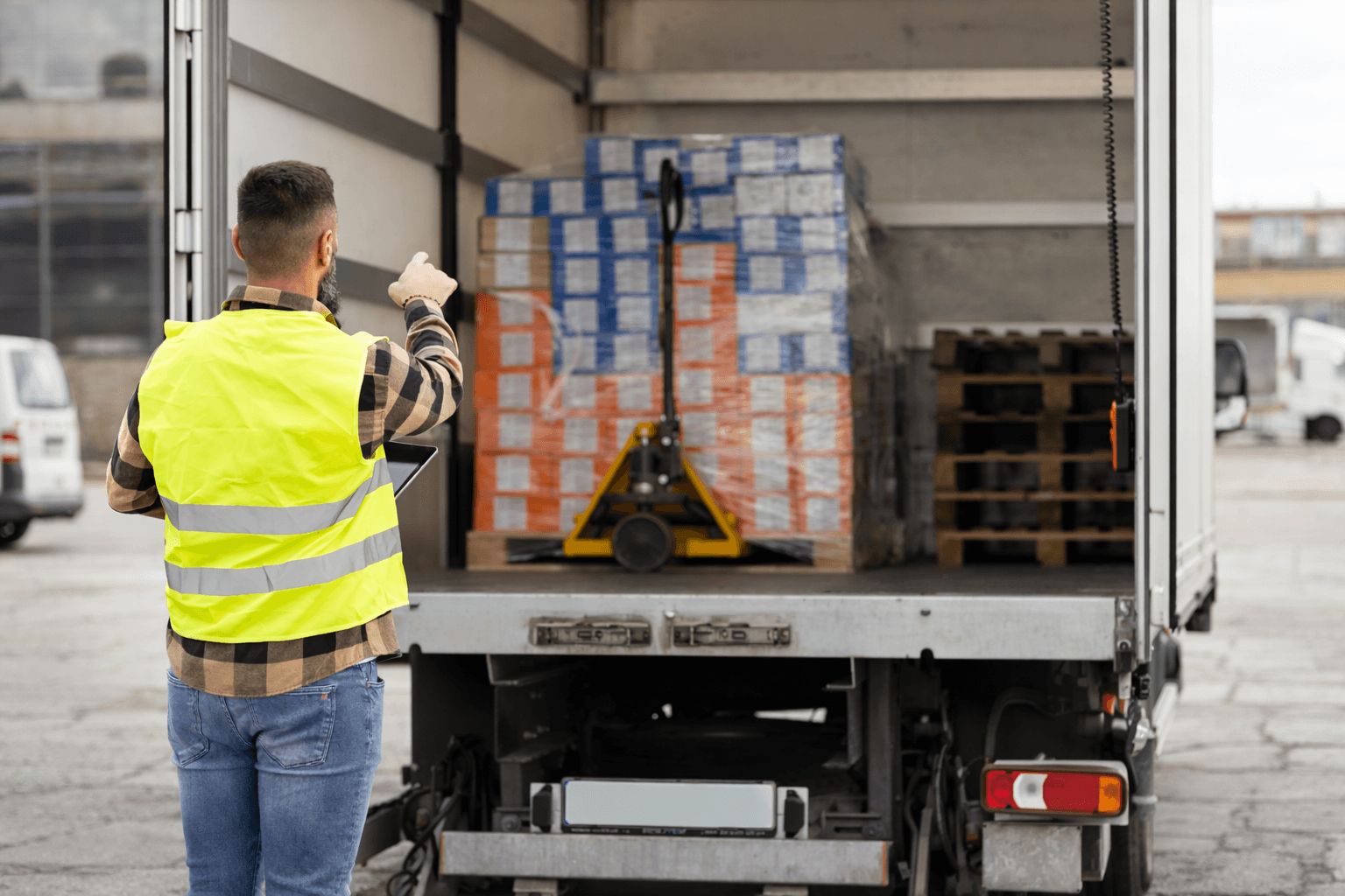 Worker overseeing loading operation at distribution facility